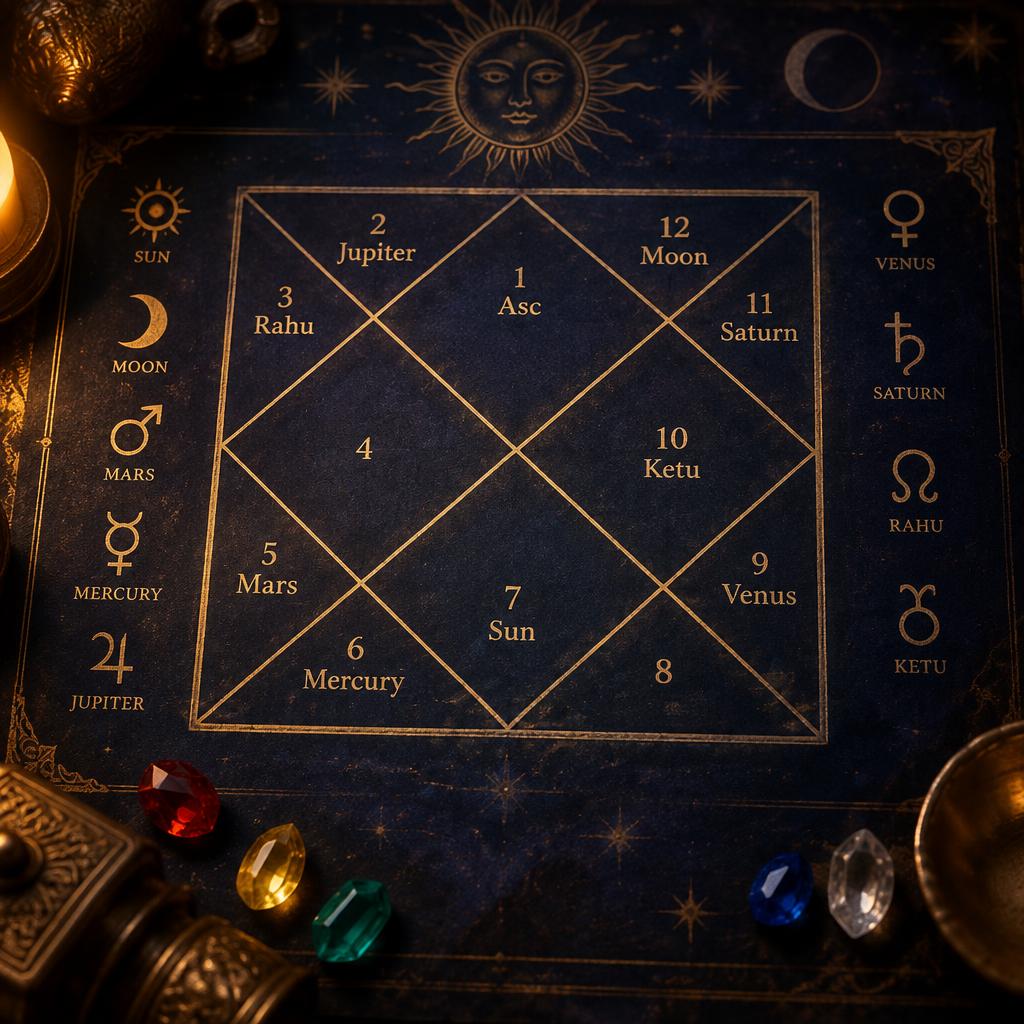 Vedic birth chart with planetary positions and gemstones