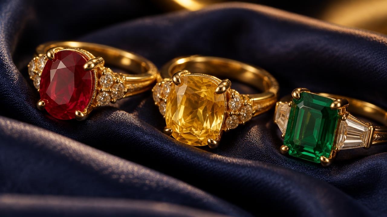 Gold rings set with ruby, yellow sapphire and emerald gemstones