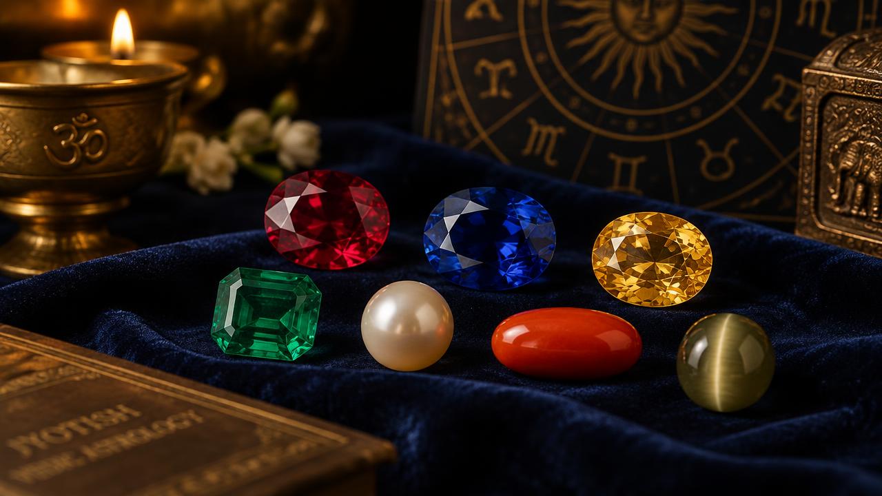 Vedic astrology gemstones — ruby, blue sapphire, yellow sapphire, emerald, pearl, coral